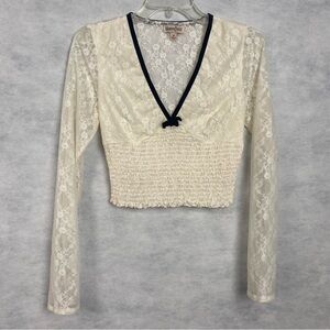 Bloomfield Lace Top Women’s Medium Ivory Cropped V Neck Floral Coquette Boho